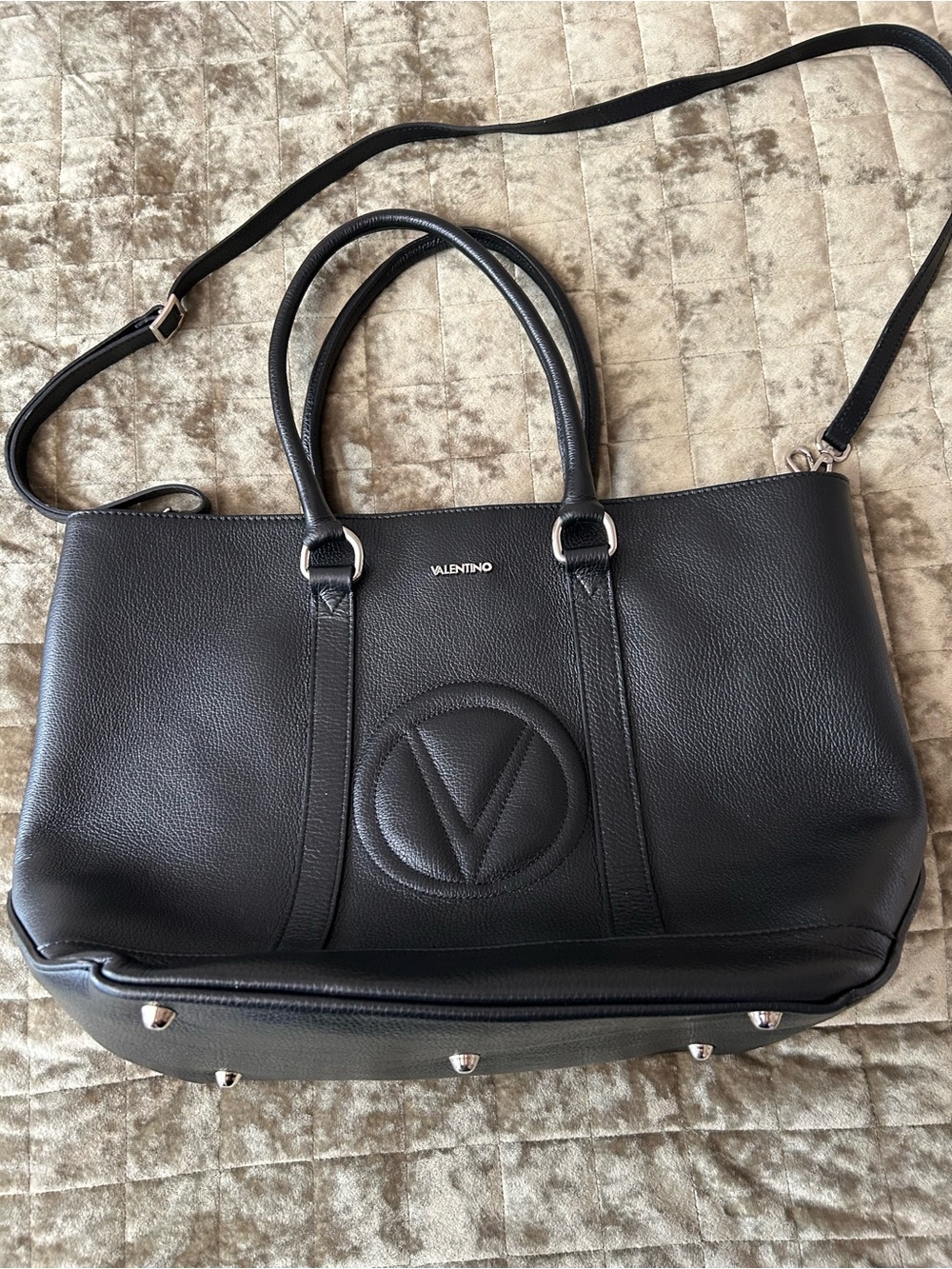 Valentino Black Pebbled Leather Tote with V Logo and Shoulder Strap